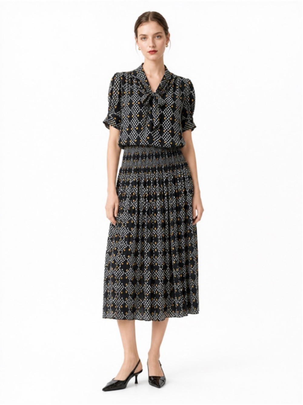 VINTAGE Algo 80’s Chiffon Drop Waist Blouson Midi Dress (XL/1X)